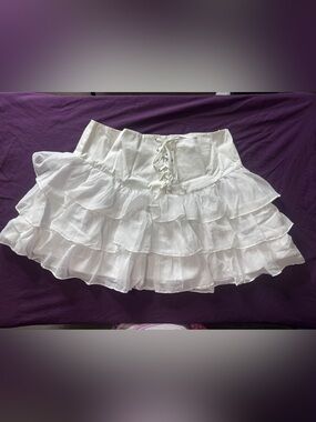 Dolls Kill White Ruffled Tiered Skater Skirt with Lace-Up Waist